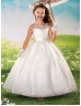 Beaded Sheer Neck Ivory Tulle Flower Girl Dress